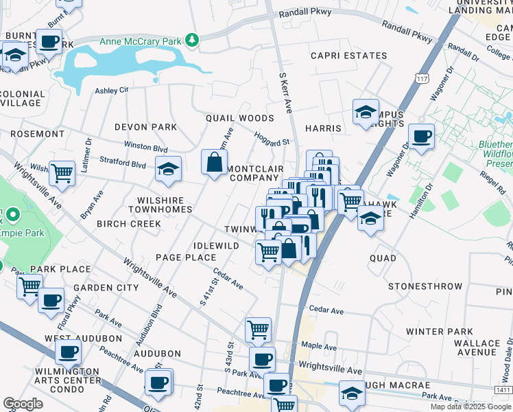 map of restaurants, bars, coffee shops, grocery stores, and more near 4107 Morton Court in Wilmington