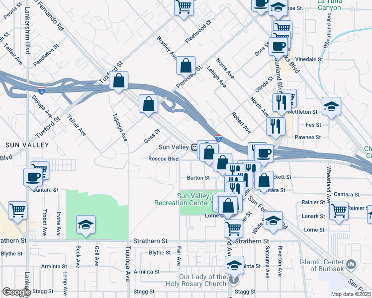 map of restaurants, bars, coffee shops, grocery stores, and more near 8391 San Fernando Road in Los Angeles