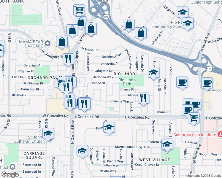 map of restaurants, bars, coffee shops, grocery stores, and more near 2067 Dulce Drive in Oxnard