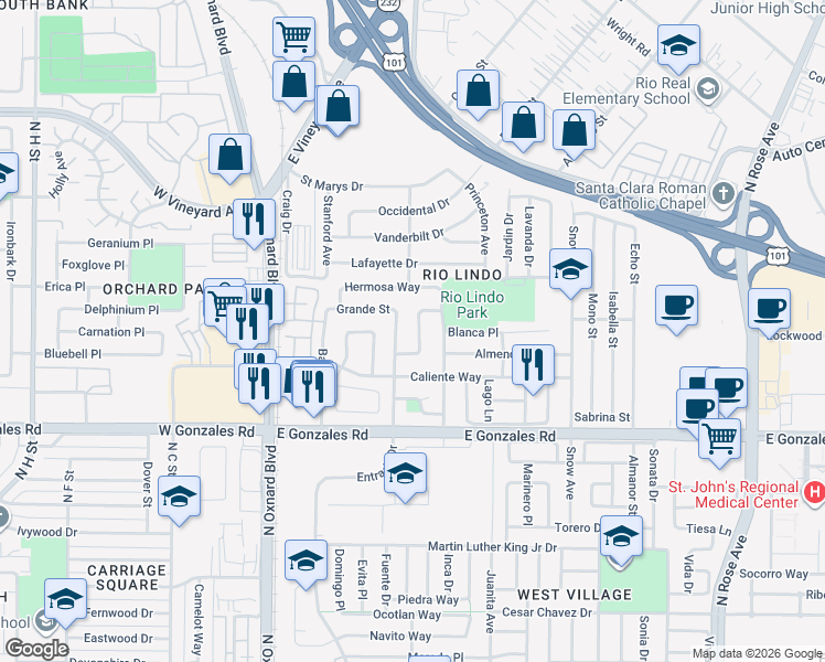 map of restaurants, bars, coffee shops, grocery stores, and more near 2067 Dulce Drive in Oxnard