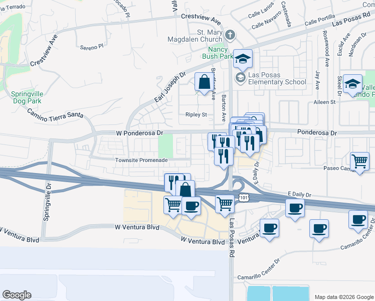 map of restaurants, bars, coffee shops, grocery stores, and more near 586 Pioneer Street in Camarillo