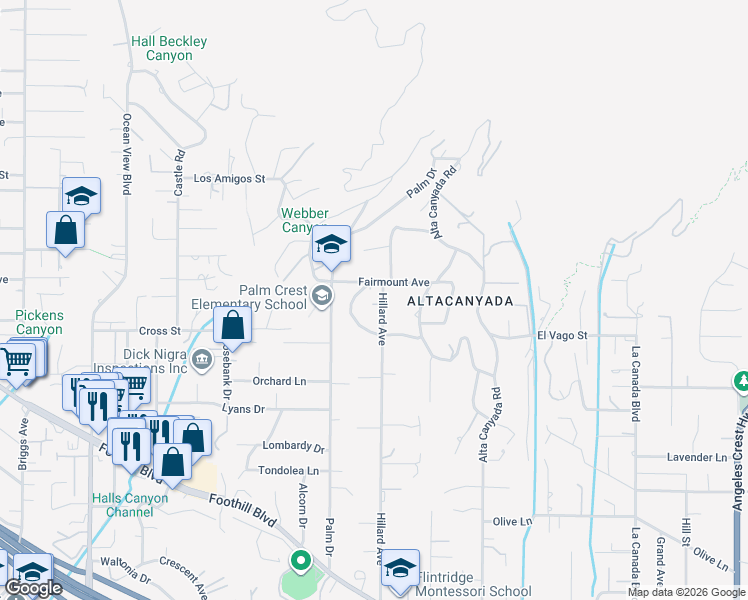 map of restaurants, bars, coffee shops, grocery stores, and more near 1734 Fairmount Avenue in La Cañada Flintridge