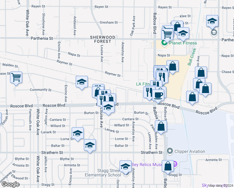 map of restaurants, bars, coffee shops, grocery stores, and more near 1717 Roscoe Boulevard in Los Angeles