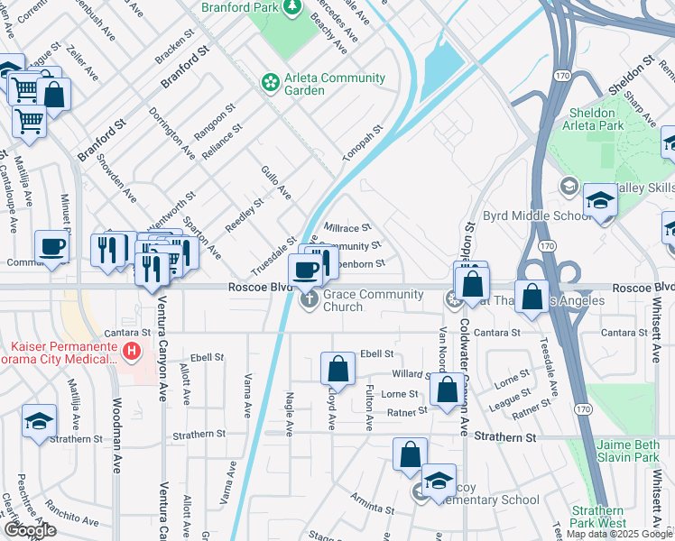 map of restaurants, bars, coffee shops, grocery stores, and more near 13200 Schoenborn Street in Los Angeles