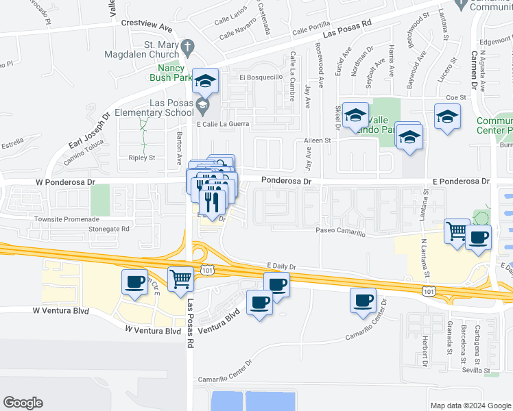 map of restaurants, bars, coffee shops, grocery stores, and more near 590 Avenida Magdalena in Camarillo