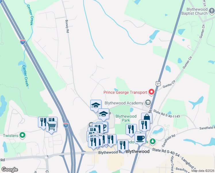 map of restaurants, bars, coffee shops, grocery stores, and more near 324 Oakhurst Place in Blythewood