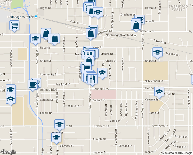 map of restaurants, bars, coffee shops, grocery stores, and more near 18416 Community Street in Los Angeles