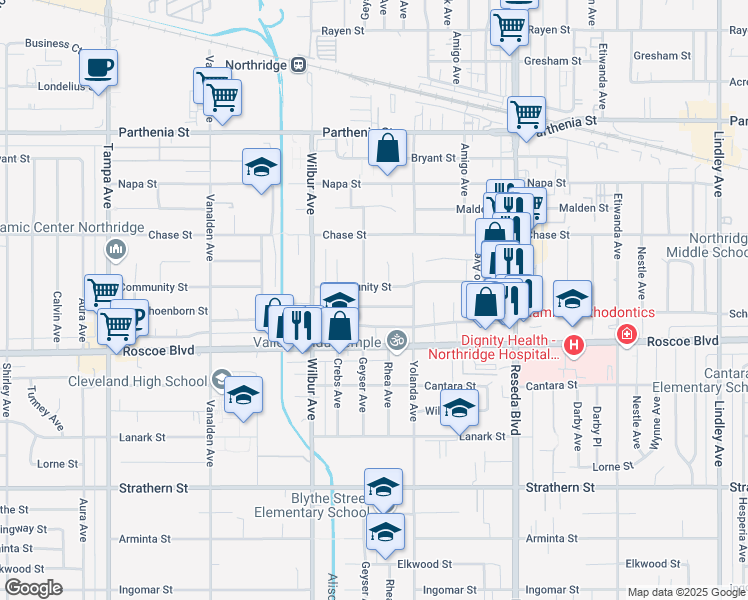 map of restaurants, bars, coffee shops, grocery stores, and more near 18740 Community Street in Los Angeles