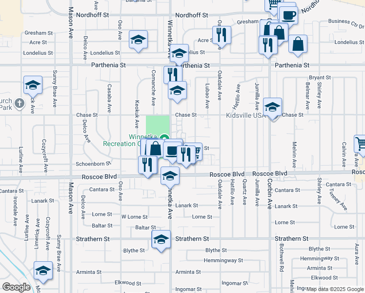 map of restaurants, bars, coffee shops, grocery stores, and more near 8410 Winnetka Avenue in Los Angeles