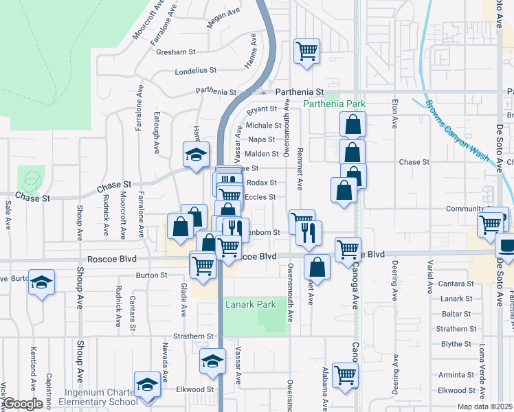 map of restaurants, bars, coffee shops, grocery stores, and more near 8380 Northgate Avenue in Canoga Park