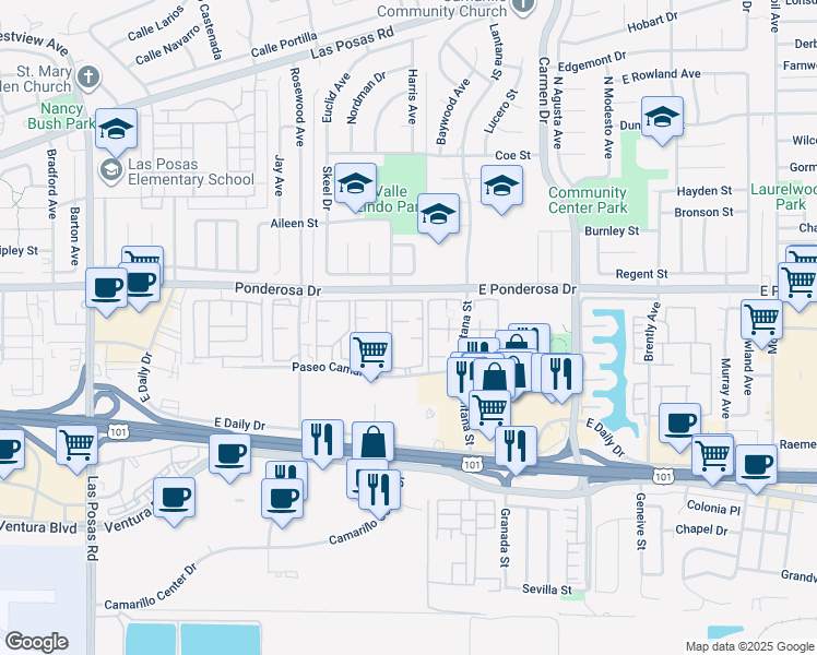 map of restaurants, bars, coffee shops, grocery stores, and more near 909 Paseo Camarillo in Camarillo