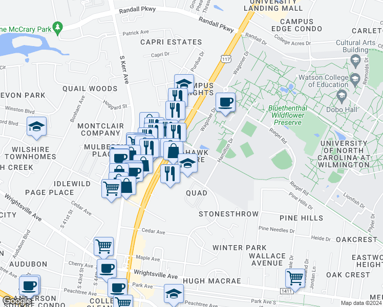 map of restaurants, bars, coffee shops, grocery stores, and more near in Wilmington