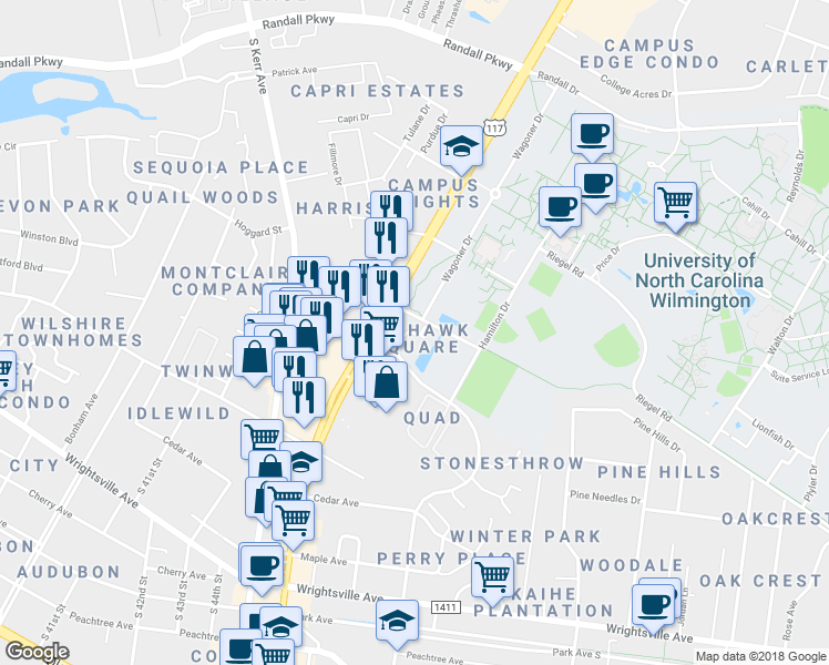 map of restaurants, bars, coffee shops, grocery stores, and more near Seahawk Court in Wilmington