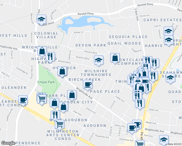 map of restaurants, bars, coffee shops, grocery stores, and more near 963 Downey Branch Lane in Wilmington