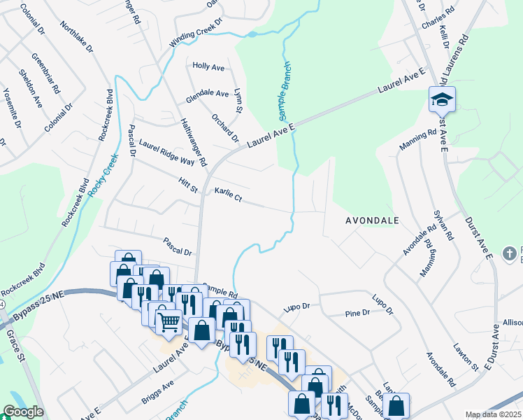 map of restaurants, bars, coffee shops, grocery stores, and more near 138 Karlie Court in Greenwood