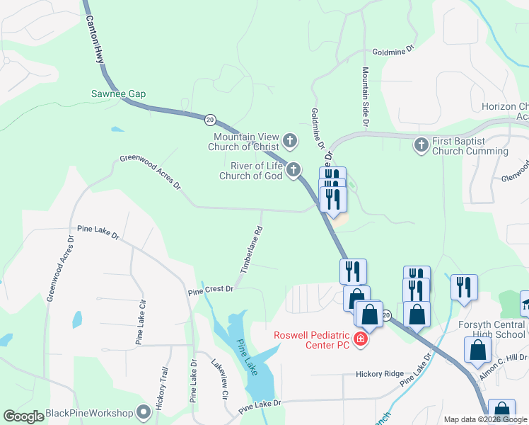 map of restaurants, bars, coffee shops, grocery stores, and more near 630 Greenwood Acres Drive in Cumming