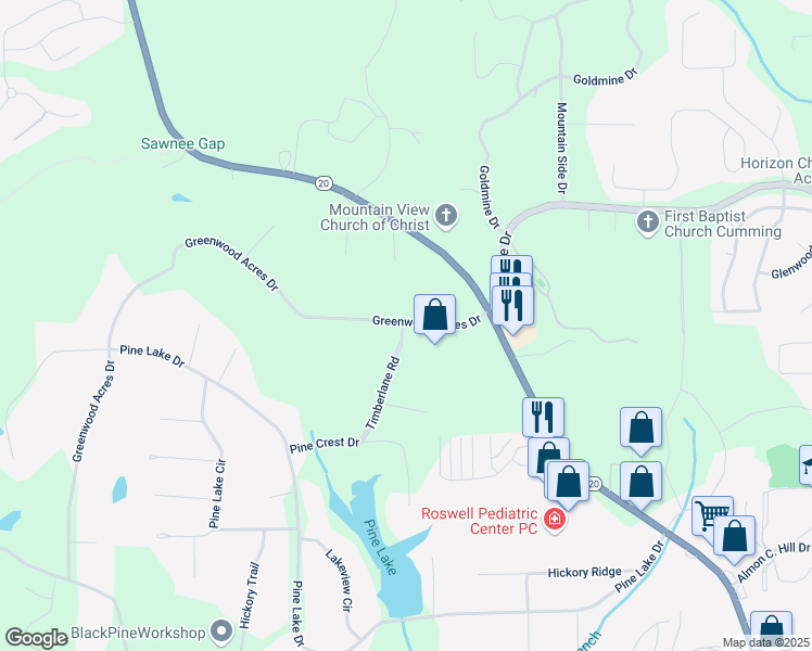 map of restaurants, bars, coffee shops, grocery stores, and more near Timberlane Road in Cumming