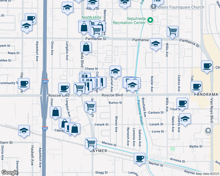 map of restaurants, bars, coffee shops, grocery stores, and more near 8327 Burnet Avenue in Los Angeles