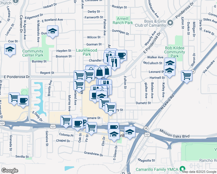 map of restaurants, bars, coffee shops, grocery stores, and more near Arneill Rd & Pickwick Dr in Camarillo