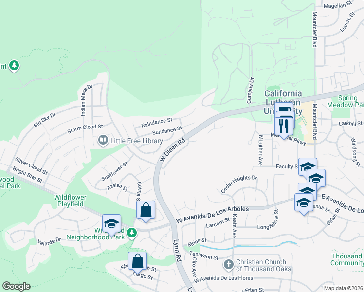 map of restaurants, bars, coffee shops, grocery stores, and more near 419 Thunderhead Street in Thousand Oaks