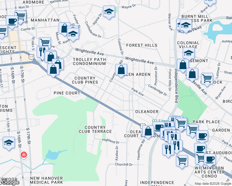 map of restaurants, bars, coffee shops, grocery stores, and more near 2521 Mimosa Pl in Wilmington