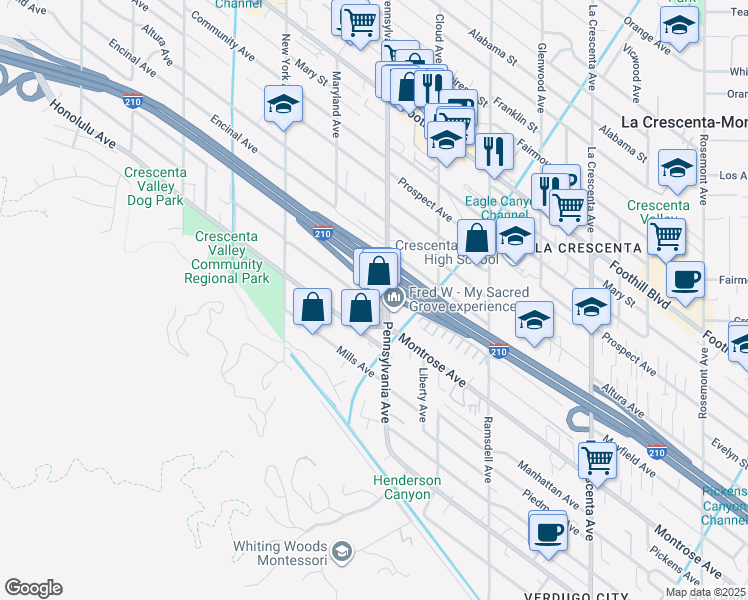 map of restaurants, bars, coffee shops, grocery stores, and more near 4121 Pennsylvania Avenue in Glendale