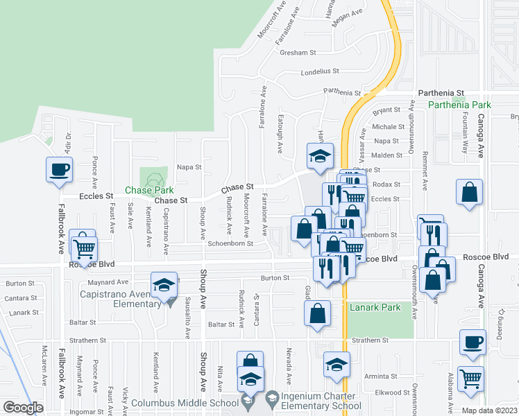 map of restaurants, bars, coffee shops, grocery stores, and more near 8401 Farralone Avenue in Los Angeles