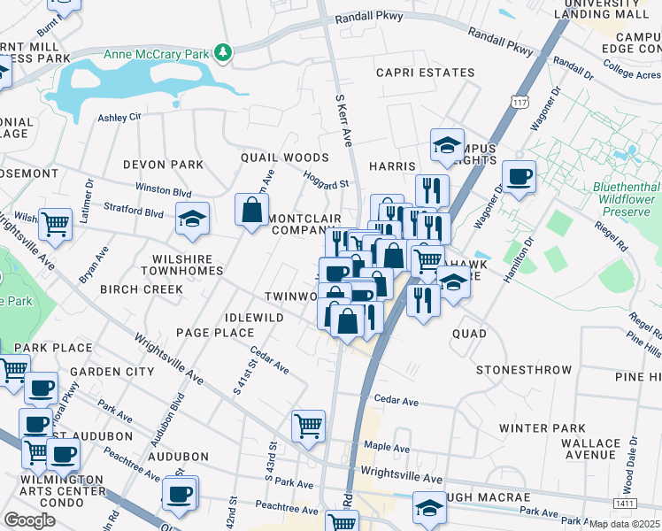 map of restaurants, bars, coffee shops, grocery stores, and more near 713 Varsity Drive in Wilmington