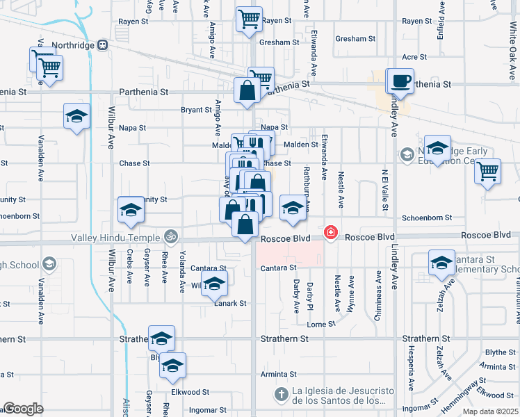 map of restaurants, bars, coffee shops, grocery stores, and more near 8354 Reseda Boulevard in Los Angeles