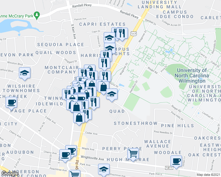 map of restaurants, bars, coffee shops, grocery stores, and more near Seahawk Court in Wilmington
