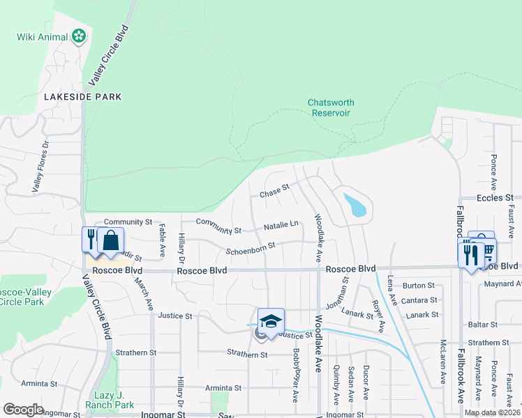 map of restaurants, bars, coffee shops, grocery stores, and more near 8405 Melba Avenue in Los Angeles