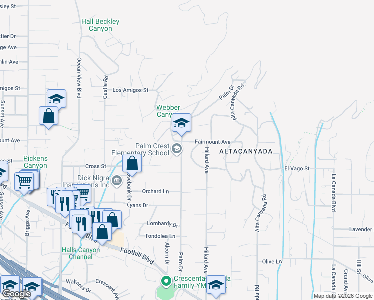 map of restaurants, bars, coffee shops, grocery stores, and more near 1856 Earlmont Avenue in La Cañada Flintridge