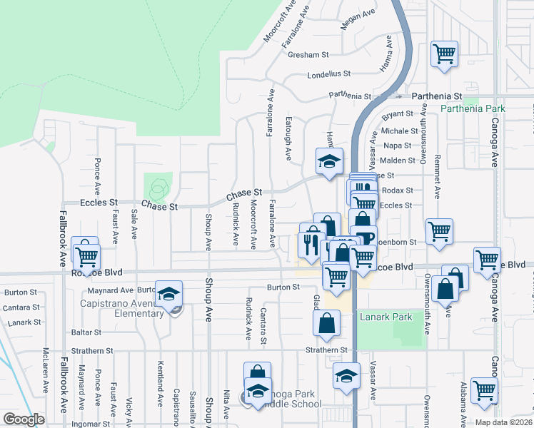 map of restaurants, bars, coffee shops, grocery stores, and more near 8401 Farralone Avenue in Los Angeles