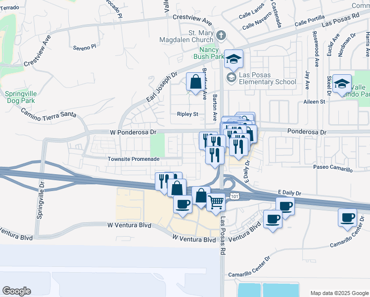 map of restaurants, bars, coffee shops, grocery stores, and more near 642 Spring Oak Road in Camarillo