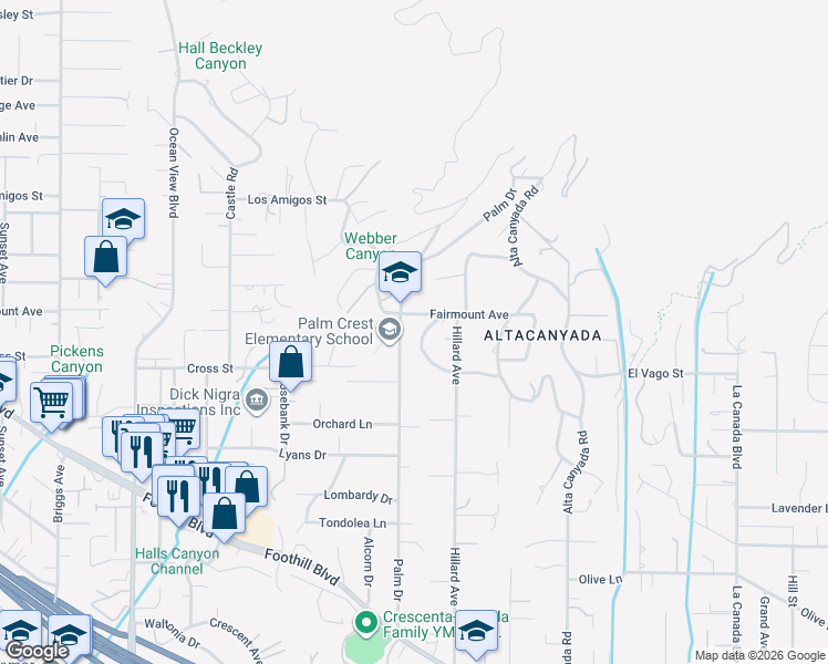 map of restaurants, bars, coffee shops, grocery stores, and more near 1856 Earlmont Avenue in La Cañada Flintridge