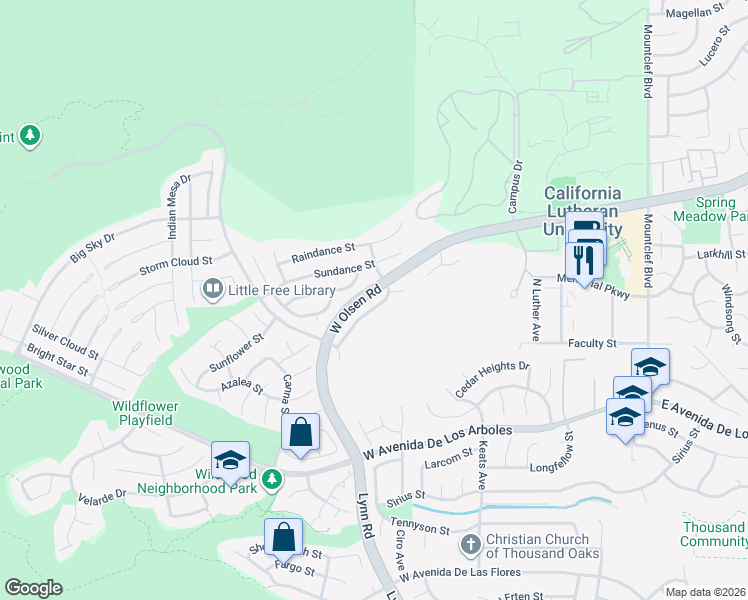 map of restaurants, bars, coffee shops, grocery stores, and more near 419 Thunderhead Street in Thousand Oaks