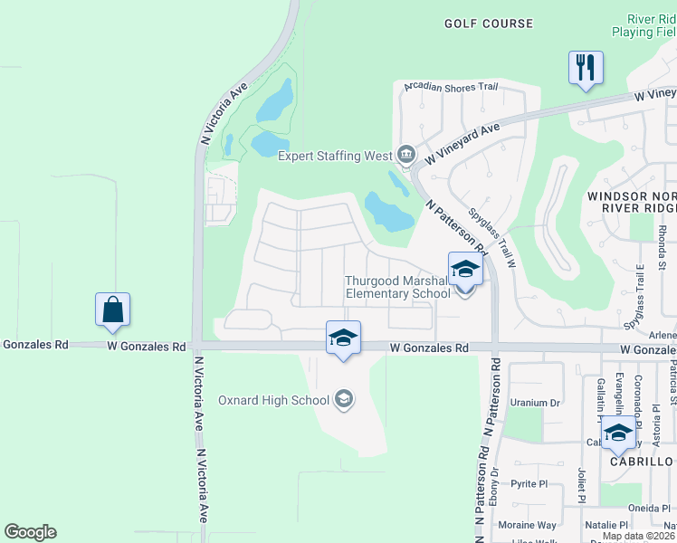 map of restaurants, bars, coffee shops, grocery stores, and more near 2037 Mission Hills Drive in Oxnard