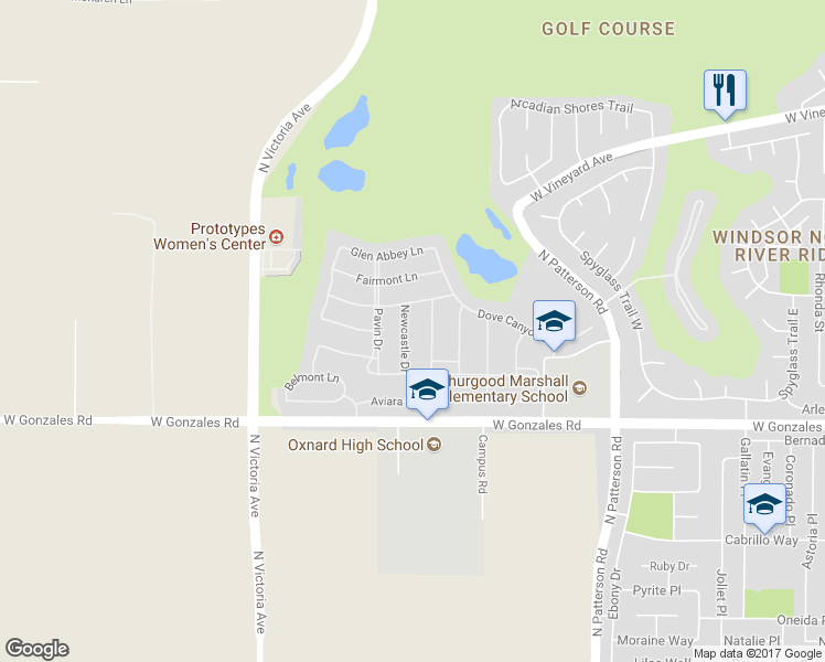 map of restaurants, bars, coffee shops, grocery stores, and more near 2038 Newcastle Drive in Oxnard