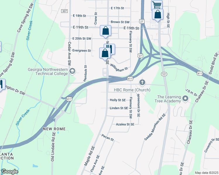 map of restaurants, bars, coffee shops, grocery stores, and more near 2305 Maple Road Southeast in Rome