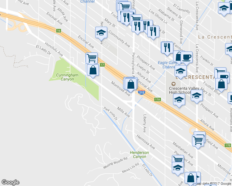 map of restaurants, bars, coffee shops, grocery stores, and more near 3313 Honolulu Avenue in Glendale
