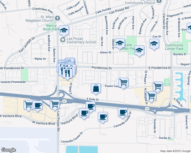 map of restaurants, bars, coffee shops, grocery stores, and more near 491 Calle Mirasol in Camarillo