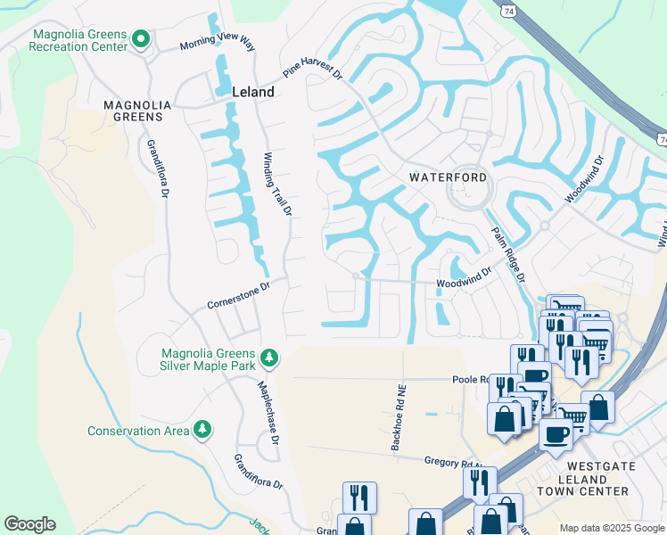 map of restaurants, bars, coffee shops, grocery stores, and more near 2005 Woodwind Drive in Leland
