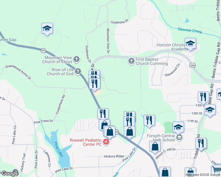 map of restaurants, bars, coffee shops, grocery stores, and more near 1103 Somerton Place in Cumming