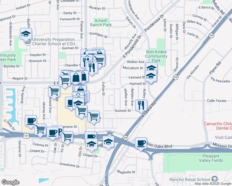 map of restaurants, bars, coffee shops, grocery stores, and more near 478 Staunton Street in Camarillo