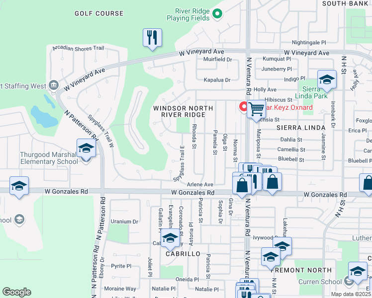 map of restaurants, bars, coffee shops, grocery stores, and more near 2047 Spyglass Trail East in Oxnard