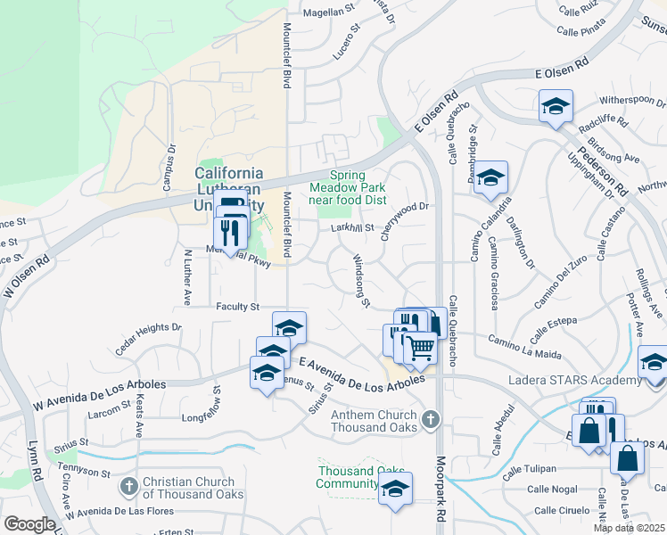 map of restaurants, bars, coffee shops, grocery stores, and more near 99 Springdale Court in Thousand Oaks