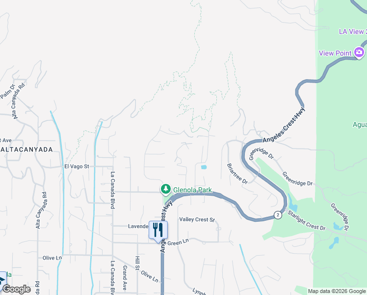 map of restaurants, bars, coffee shops, grocery stores, and more near 5366 Vista Lejana Lane in La Cañada Flintridge