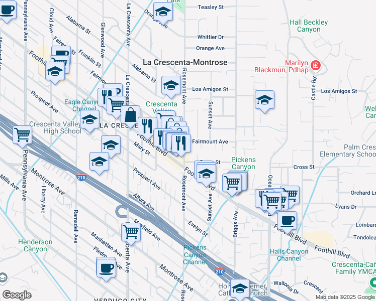 map of restaurants, bars, coffee shops, grocery stores, and more near 4532 Rosemont Avenue in La Crescenta-Montrose