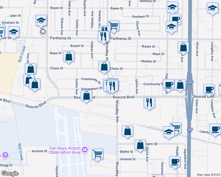 map of restaurants, bars, coffee shops, grocery stores, and more near 8338 Woodley Place in North Hills