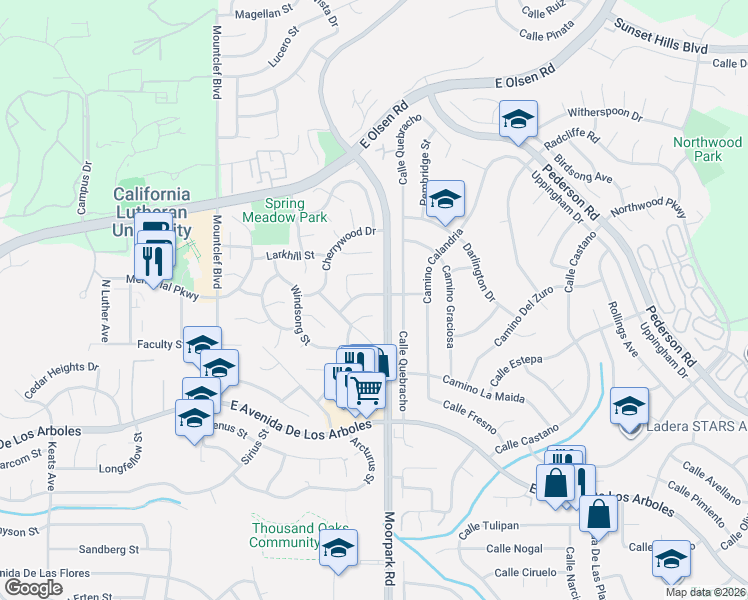 map of restaurants, bars, coffee shops, grocery stores, and more near 416 Camino Dos Palos in Thousand Oaks